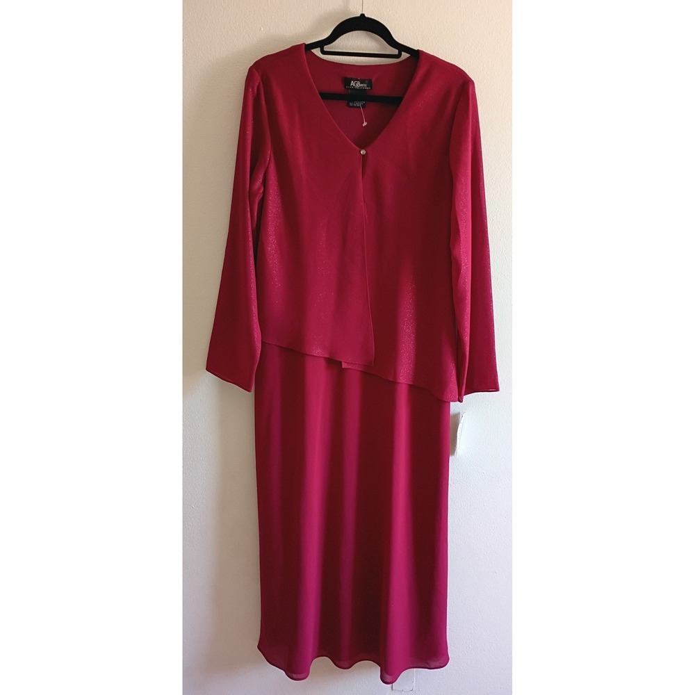 AGB Dress Byer California Red Shimmer Layered Long Sleeve Midi Dress‎ 16 Formal